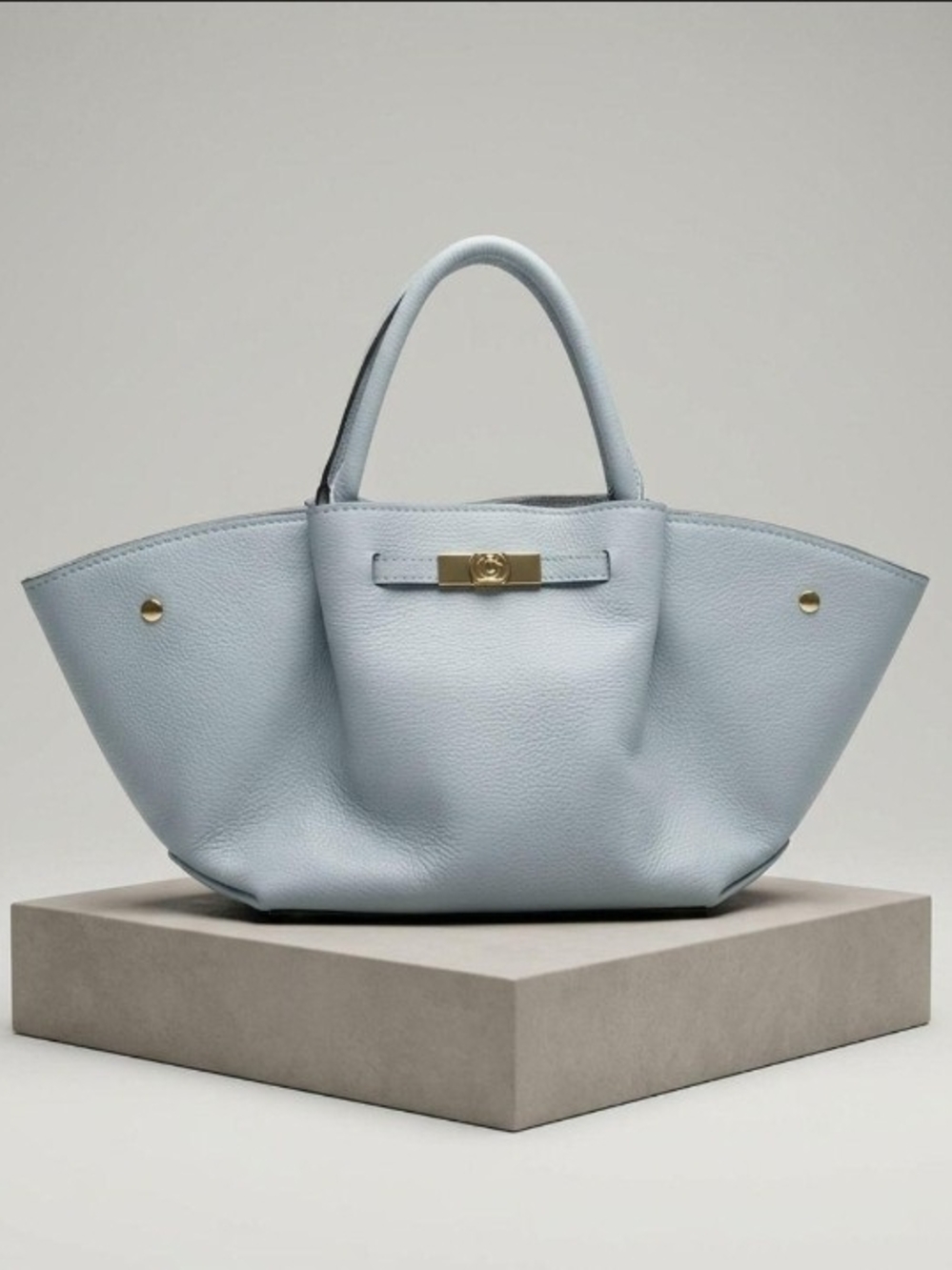 Light Blue Leather Hobo Tote with Gold Accent